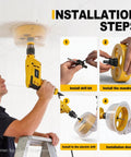 Workhorse Six And Four Inch Hole Saw Kit With Reusable Silicone Dust Bowl installation steps on ceiling with drill.