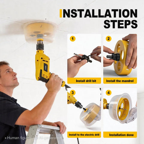 Workhorse Six And Four Inch Hole Saw Kit With Reusable Silicone Dust Bowl installation steps on ceiling with drill.