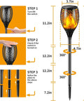Installation steps and dimensions for Outdoor Solar Torch Lights With Dancing Flame 99 LED 43 Inch Waterproof And Weatherproof