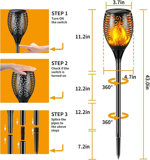 Installation steps and dimensions for Outdoor Solar Torch Lights With Dancing Flame 99 LED 43 Inch Waterproof And Weatherproof