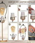 Top Shelf Seven Inch Antique Bronze Lamp Harp Set showing uno adapter installation steps for fast table lamps.