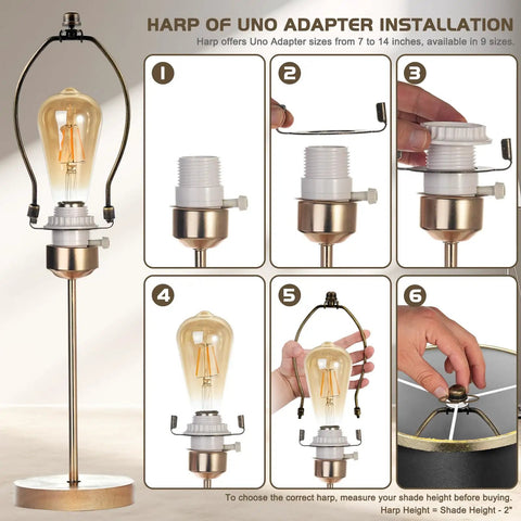 Top Shelf Seven Inch Antique Bronze Lamp Harp Set showing uno adapter installation steps for fast table lamps.