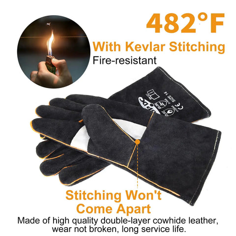 Close-up of 14 Inch Heat Resistant Leather Welding Glove With Kevlar Stitching For Fireplace Grill Fire Pit Campfire