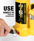 Close-up of 6 Ton Bottle Jack With Carrying Case And Pump Handle, showing release valve adjustment with handle, yellow color.