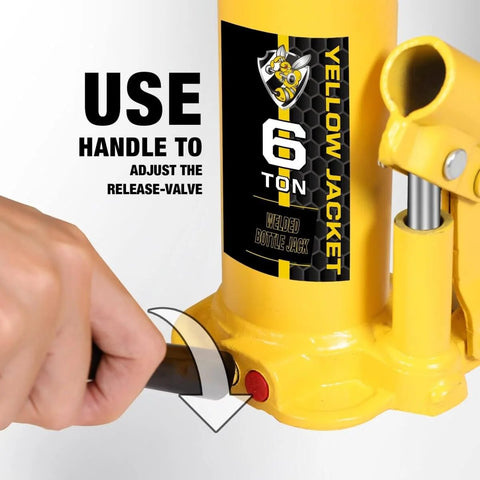 Close-up of 6 Ton Bottle Jack With Carrying Case And Pump Handle, showing release valve adjustment with handle, yellow color.