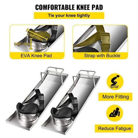 Heavy Duty Concrete Knee Board Sliders Set For Pro Grade Concrete Finishing, 30 By 8 Inch Stainless Steel Kneeboards with straps