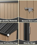 Close-up details of Metal Outdoor Patio Storage Shed 8 By 6 Ft With Lockable Doors for bikes, corner cap, and locks.