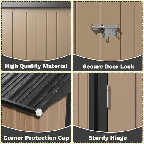 Close-up details of Metal Outdoor Patio Storage Shed 8 By 6 Ft With Lockable Doors for bikes, corner cap, and locks.