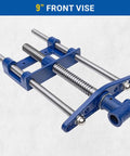 9 Inch Front Woodworking Vise With Guide Bars, Heavy Duty Cast Iron Body And Steel Main Screw, Blue Finish