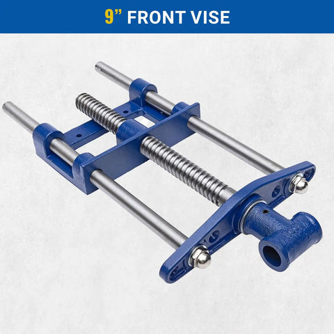 9 Inch Front Woodworking Vise With Guide Bars, Heavy Duty Cast Iron Body And Steel Main Screw, Blue Finish