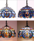 Tiffany Style Pendant Light Fixture With Blue Purple Cloud Stained Glass Hanging Lamp, 12 Inch Shade, Antique Green Bronze Base