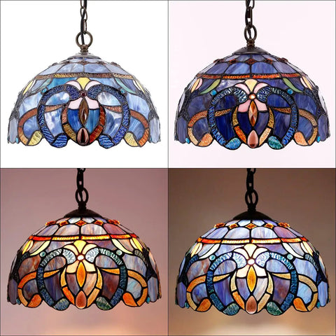 Tiffany Style Pendant Light Fixture With Blue Purple Cloud Stained Glass Hanging Lamp, 12 Inch Shade, Antique Green Bronze Base