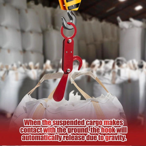 Gravity Powered Automatic Safety Hook for 2200 Lb Lifting in action, releasing a ton bag in a warehouse setting.