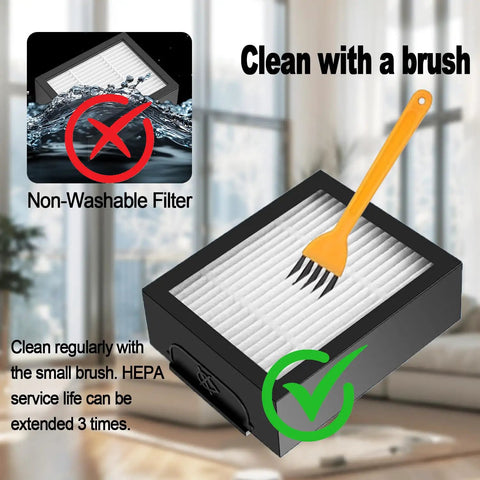 Replacement Parts Kit For Roomba Models Including i3, i3 Plus, i4, i4 Plus, i5, i5 Plus, i6, i6 Plus, i7, i7 Plus, i8, i8 Plus, E5, E6, E7 Plus With 2 Rubber Brush Sets, 8 Side Brushes, And 8 Filters Not Compatible With J7 J7 Plus. HEPA filter cleaned with brush