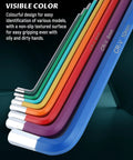 Close-up of Rainbow Hex Key Set With Ball End And Torx 37-Piece Foldable Allen Wrenches with color coded handles.