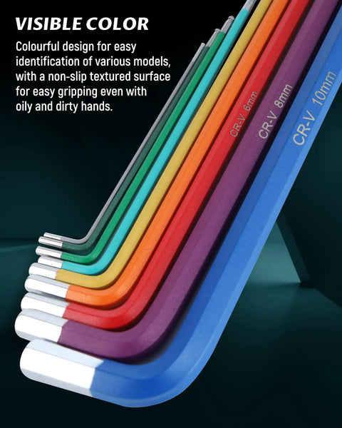 Close-up of Rainbow Hex Key Set With Ball End And Torx 37-Piece Foldable Allen Wrenches with color coded handles.