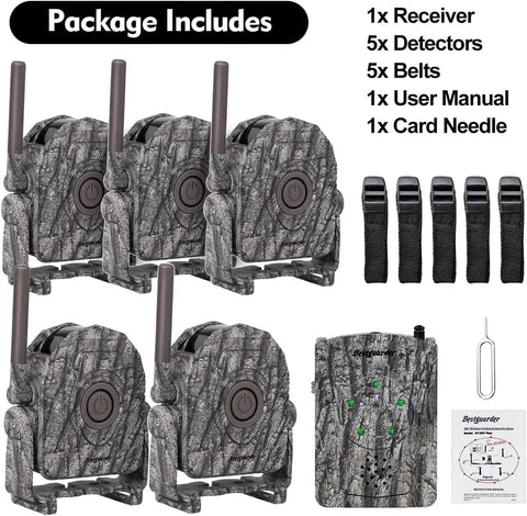 Ultra Long Range Three Hundred Meter Wireless Hunting Alarm Kit With Night Vision Motion Detector 360 Degree Waterproof Security Sensor And Receiver For Serious Hunters package includes 5 detectors, 1 receiver, belts