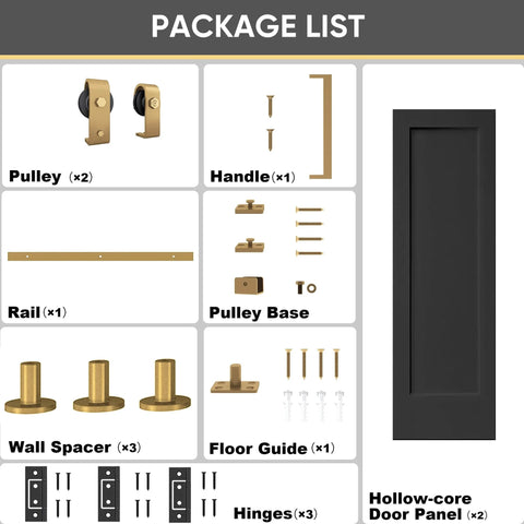 36 Inch By 84 Inch Bi-Fold Barn Door With Brushed Gold Hardware Kit, Hollow Core Interior Door With Black Panel, Components Displayed