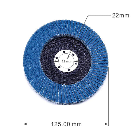 5 Inch Aluminum Oxide Flap Discs 40 Grit High Density Industrial Abrasive Sanding Discs For Metal Stainless Steel And Wood Polishing Deburring Weld Bead Removal Rust Removal Grinder Disc, showing measurements of 125mm diameter and 22mm bore