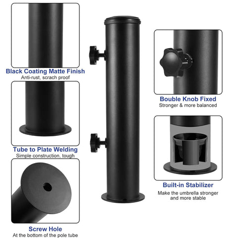 Heavy Duty Universal Umbrella Stand Replacement Tube For Outdoor Use Stainless Steel Base Bracket Fits Most Umbrella Poles And Granite Stands Built To Last DIY Attachment To Concrete, Metal, Wooden Surfaces Black shown with matte finish, stabilized knob, and screw hole.