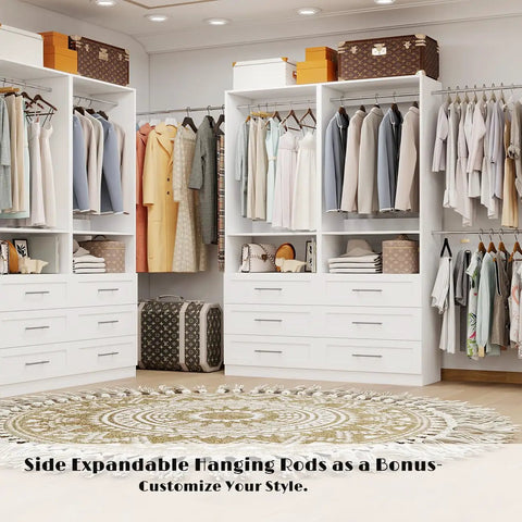 Game Changing Modular Walk In Closet Organizer System With Adjustable Hanging Rods And Deep Storage Drawers Freestanding Wardrobe Rack Fits Tight Spaces Quick Setup White in stylish closet layout.