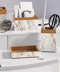 Desk setup with storage boxes covered in Self-Adhesive Brown Marble Film For Walls Cabinets And Furniture Easy Peel And Stick Decor Wrap Budget Friendly DIY Renovations 26.5 X 78.7 Inches Easy To Apply, showing a decorative marble pattern.