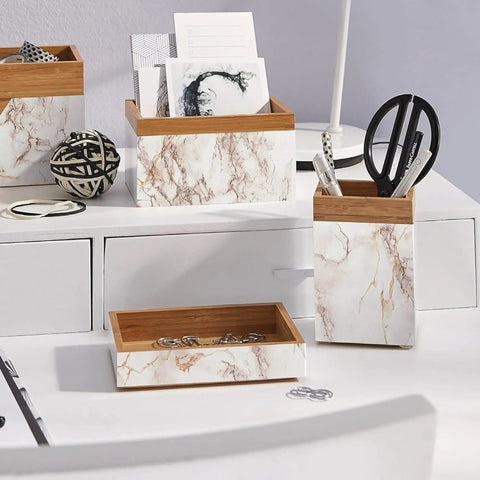 Desk setup with storage boxes covered in Self-Adhesive Brown Marble Film For Walls Cabinets And Furniture Easy Peel And Stick Decor Wrap Budget Friendly DIY Renovations 26.5 X 78.7 Inches Easy To Apply, showing a decorative marble pattern.