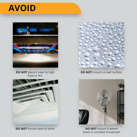 Avoid placing Battery Operated LED Motion Sensor Lights Stick On Under Cabinet Lighting near heat, water, vents, or movement.