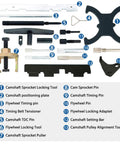 Pro Grade Engine Timing Kit With Camshaft Locking Tools For Ford Duratec EcoBoost Ti VCT 1.6 And 1.5 VVT Engines Plus Mazda Duratec 1.4 1.6 1.8 2.0 Cam Holding Tool And Flywheel Locking Set displayed with 13 components labeled.