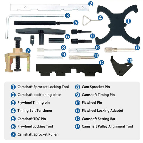Pro Grade Engine Timing Kit With Camshaft Locking Tools For Ford Duratec EcoBoost Ti VCT 1.6 And 1.5 VVT Engines Plus Mazda Duratec 1.4 1.6 1.8 2.0 Cam Holding Tool And Flywheel Locking Set displayed with 13 components labeled.