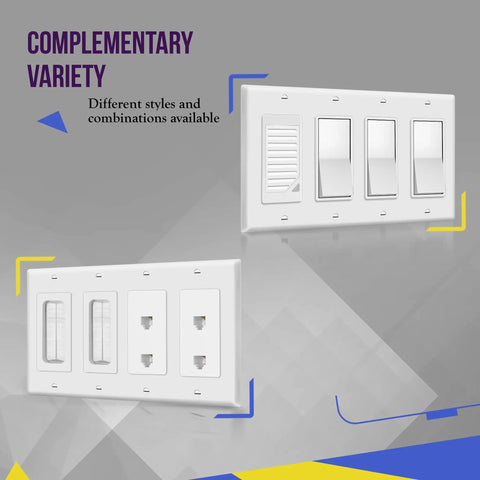 Decorator Light Switch Or Receptacle Wall Plate With Gloss Finish, 4-Gang, 4.50 x 8.19 Inches, White, Standard Size, Built Tough Polycarbonate Thermoplastic Construction, 8834-W shown in complementary designs