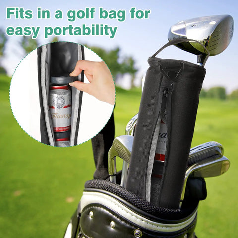 Cooler Beer Sleeve With Six Ice Pucks Keeps Seven 12 Oz Cans Cold In Your Golf Bag On The Course Easy Access And Great For Casual Swigs Smart Gift For Men Black Golf Bag Accessory shown holding a can alongside a golf club in a bag