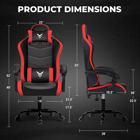 Front and side view of Ergonomic High Back Gaming Chair With Height Adjustable Recline 300 Lbs Capacity, dimensions shown.