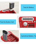 Universal Battery Tester With LCD Display testing 9V, button, and cylindrical batteries, red color, for home and DIY projects.