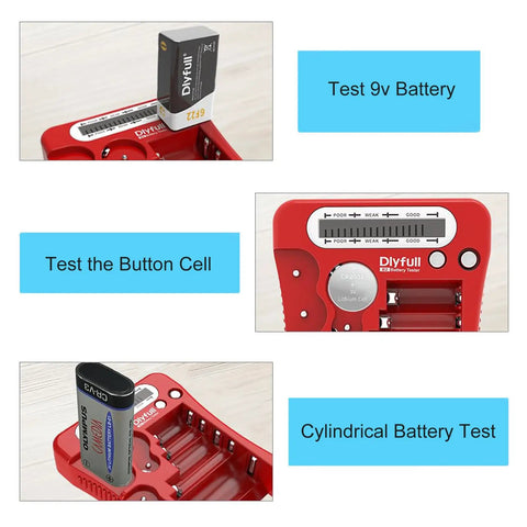Universal Battery Tester With LCD Display testing 9V, button, and cylindrical batteries, red color, for home and DIY projects.