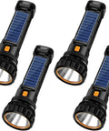 Quad Pack Solar Rechargeable LED Flashlights, 1000 Lumens Output, Emergency Strobe, 1200mAh Battery, black durable design