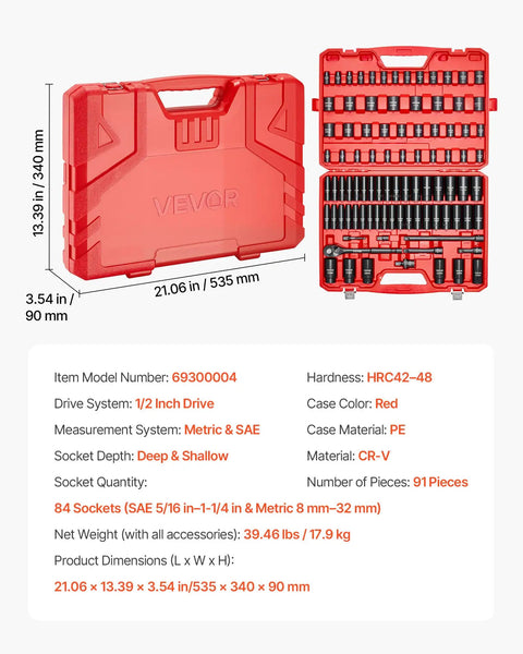 Heavy Duty 91-Piece Half Inch Drive Impact Socket Set With SAE And Metric Sizes, Deep And Shallow 6-Point Sockets, CR-V Alloy Steel, Ratchet Handle, Universal Joint, Adapters And 3, 5, 10 Inch Extension Bars red case open