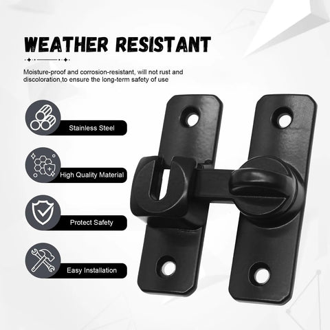 Hassle Free Barn Door Lock And Flip Latch For Sliding Doors Quick Adhesive Mount To Keep The Kiddos Safe Heavy Duty Zinc Alloy Construction Stays Put In Black, showing weather-resistant design.