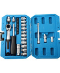 29 Piece Ratchet Socket Wrench Set Made From Heat Treated Chrome Vanadium Steel With Metric Sockets Driver Bits Extensions And Dual Direction Handle in blue case.