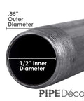 Close-up of Half Inch Black Pipe Nipple 48 Inch Pack of 4, showing 1/2 inch inner diameter. Ideal for DIY vintage furniture build.