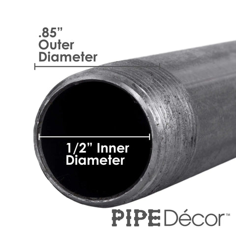 Close-up of Half Inch Black Pipe Nipple 48 Inch Pack of 4, showing 1/2 inch inner diameter. Ideal for DIY vintage furniture build.
