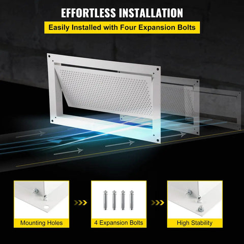 8x16 Inch Crawl Space Flood Vent Wall Mounted White Foundation Vent To Reduce Flood Risk And Damage For Crawl Spaces And Garages Bi Directional Design with installation features and expansion bolts visible.