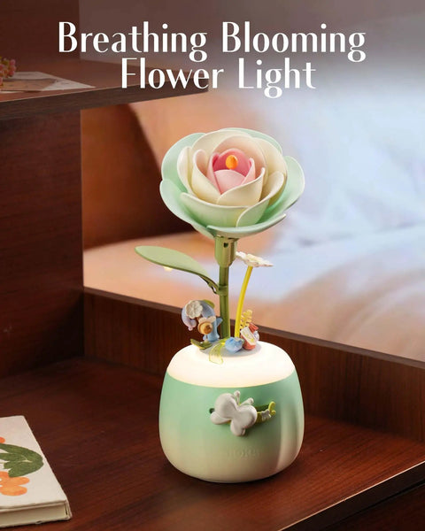 3D Puzzles Starry Camellia Lamp With Blooming Motion, DIY Night Light Kit For Bedroom Vibe, 73-Piece Model Set on wooden desk