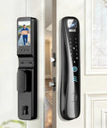 Hella Easy Keyless Entry Setup Featuring Video Doorbell Camera Smart Deadbolt, sleek black finish with digital display and camera.