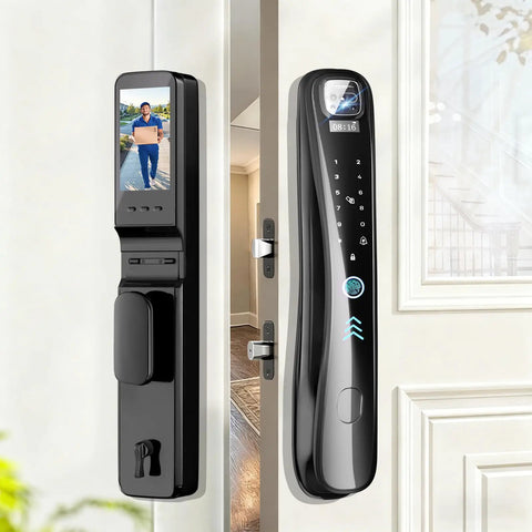 Hella Easy Keyless Entry Setup Featuring Video Doorbell Camera Smart Deadbolt, sleek black finish with digital display and camera.