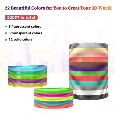 Stack of 22 Color PLA 1.75mm 3D Pen Filament Refills Pack with various colors displayed in rolls, 220 feet total length.