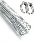Clear PVC Spiral Steel Reinforced Flexible Hose 1.5 Inch ID, 5 Feet Long with clamps for dust collection and marine pump use