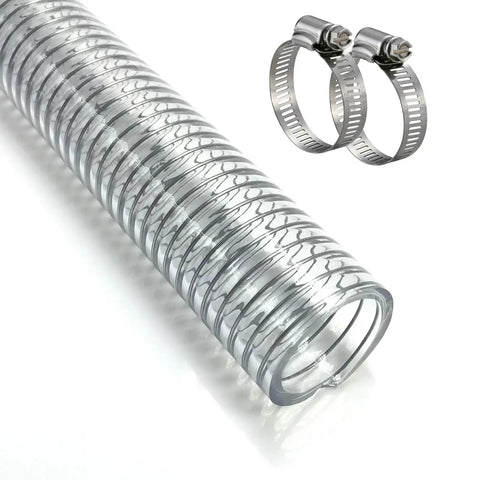 Clear PVC Spiral Steel Reinforced Flexible Hose 1.5 Inch ID, 5 Feet Long with clamps for dust collection and marine pump use