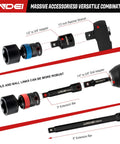 Diagrams showing parts of Swivel Impact Socket Set 27-Piece Three Eighths Inch Drive Heavy Duty CR-MO With 6-Point Wobble Sockets