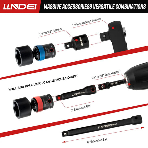 Diagrams showing parts of Swivel Impact Socket Set 27-Piece Three Eighths Inch Drive Heavy Duty CR-MO With 6-Point Wobble Sockets